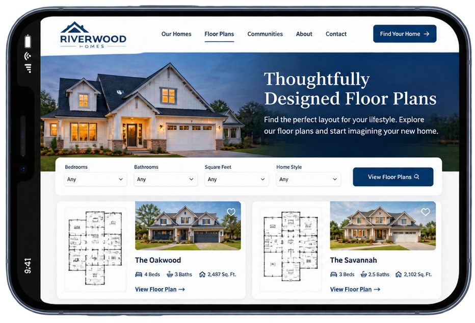 Tablet showing a home builders website and floor plans