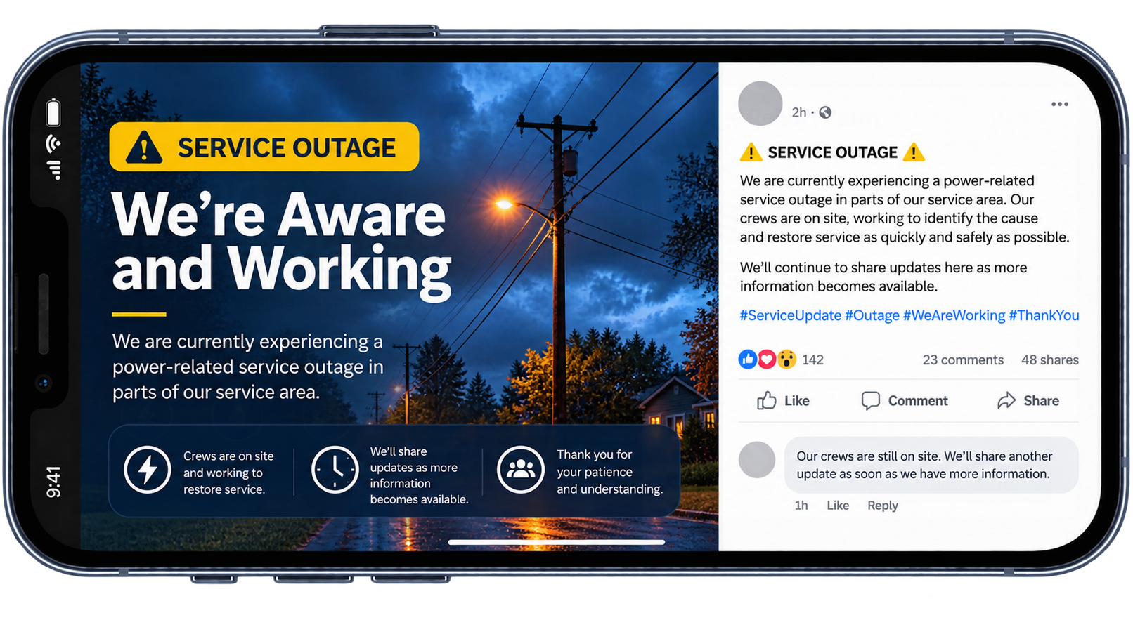 Phone reporting a utility outage via facebook